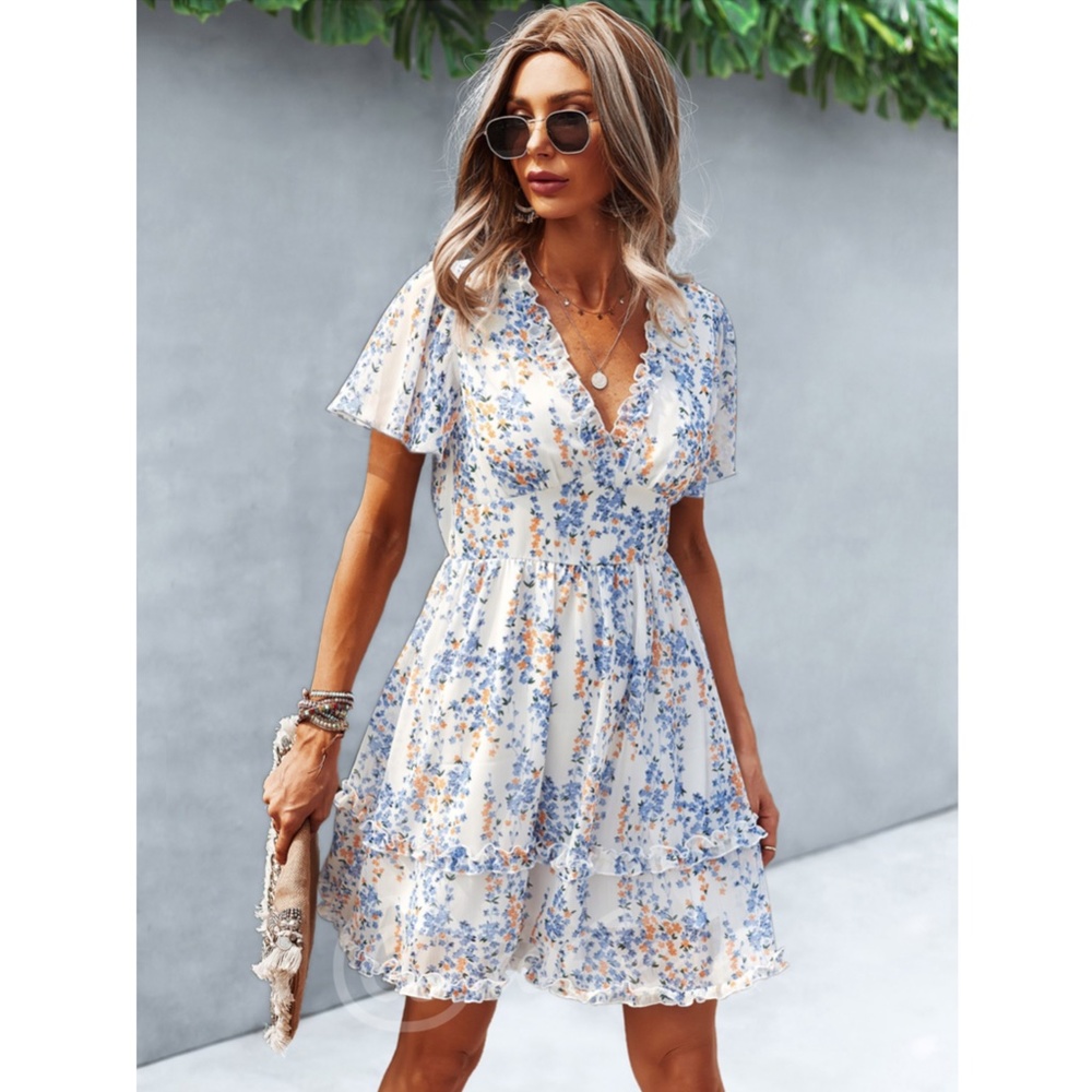 Floral White Dress Summer V-Neck Short Mini - Picture 3 of 6